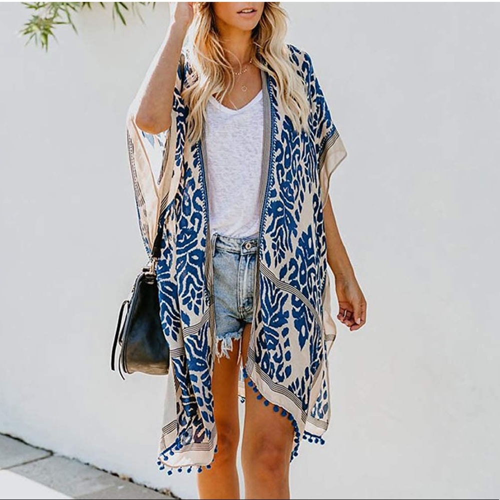 MUST GO, SALE ENDS 12/28 Blue Print Tassel Kimono